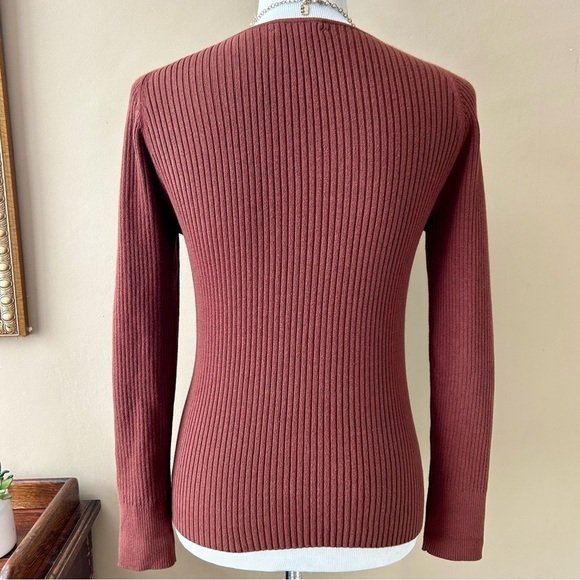 by Anthropologie Brown Ribbed Double Cut Out Knit Sweater Cinnamon Size M - Picture 8 of 15